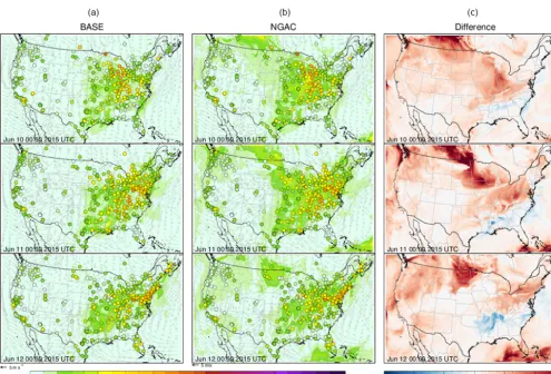 Figure 4. PMmodel 2006 monthly average as lateral boundary condition; NGAC: using NGACv2 forecast as lateral boundary condition, observations arethe circled colored dots