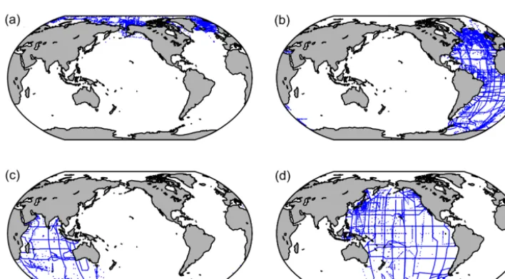 Figure 6. Station locations in the GLODAPv2 data product for data obtained during (a) the 1970s, (b) the 1980s, (c) the 1990s, and (d) 2000sand beyond.