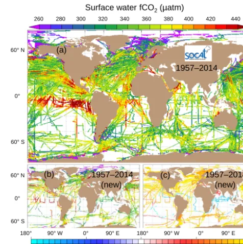 Figure 1. Global distribution of (a) all and (b) newly added surfacewater f CO2 values (µatm) and (c) the timing of the newly addeddata sets in SOCAT version 3 with data set ﬂags of A to E