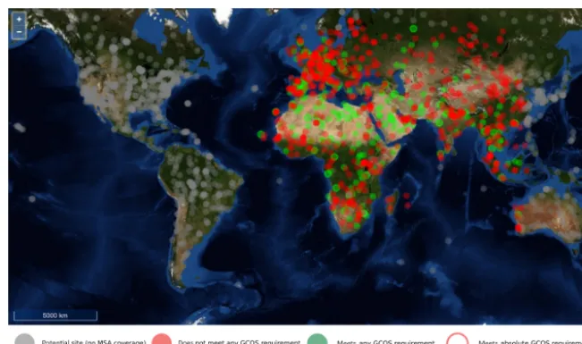 Figure 4. Coverage of SAVS sites contained in the SAVS database (v1.0). Red and green dots represent sites within the footprint of Meteosatsatellites, while grey sites represent sites outside of the Meteosat ﬁeld of view.