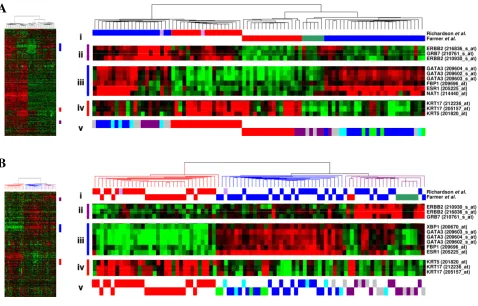 Figure 2Comparison of breast tumour gene expression profiles generated by two published studies= basal, blue = luminal, green = apocrine