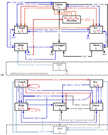 Figure 7. Diagrams of the microphysical processes of ICE3–ICE4 and LIMA: (a) all the processes except collection; (b) collection processes.Blue arrows represent existing processes in ICE3 modiﬁed in LIMA, red arrows are new processes in LIMA, and black arr