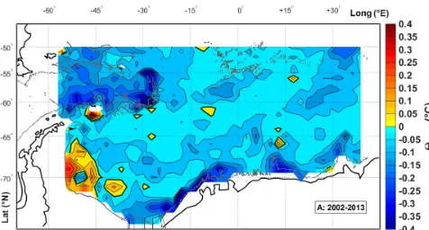 Figure 15. Comparing methods of mapping the sub-surface tem-perature maximum: this map shows the temperature difference (◦C)where the output in the ﬁrst approach in Fig