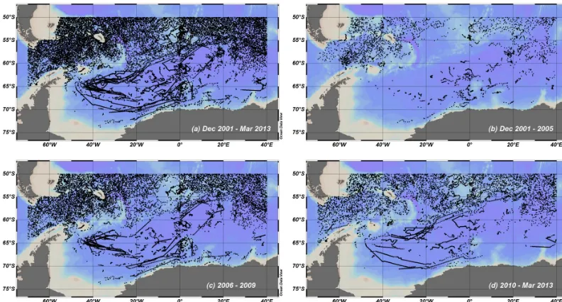 Figure 3. The number of proﬁles per year (line) and per month(bars) from (a) south of 50◦ S to the Antarctic continent and(b) south of 60◦ S to the Antarctic continent, between 70◦ W and40◦ E.