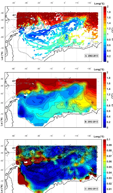 Figure 11. Conservative temperature (ﬁle locations are marked as black dots). The grey contour shows theperature maximum for the entire time period, where paneland panelthe original ﬂoat data, panel◦C) at the sub-surface tem- (a) shows (b) shows the objectively mapped ﬁeld (c) shows the mapping error for the mapped ﬁeld (pro-2000 m isobath.
