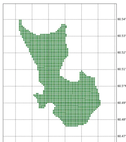 Figure 3. Oil drift simulation initialised by seeding 2000 oil el-ements within contours of an oil slick as observed from satellite(Radarsat2)