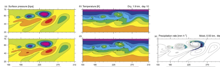 Figure 3. Evolution of a baroclinic wave in a dry simulation with 47 km grid spacing on day 8 and 10: (a) surface pressure and (b) temperatureon the 850 hPa pressure level (roughly 1.5 km above sea level).