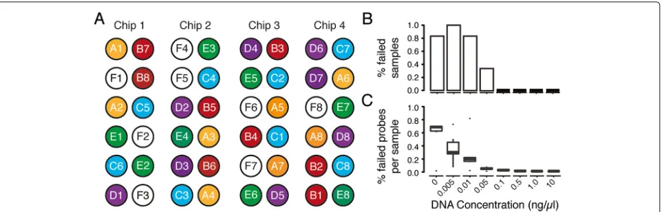 Fig. 3 Analytical sensitivity experimental design and results.failed samples at varying DNA concentrations.will be blank (0 ng/ a Sample layout on 450HM chips