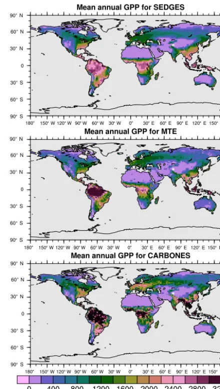 Figure 6. Multiyear annual mean of GPP for SEDGES and thetwo reference datasets, MTE and CARBONES, for 1990–2009 overnon-glaciated land.
