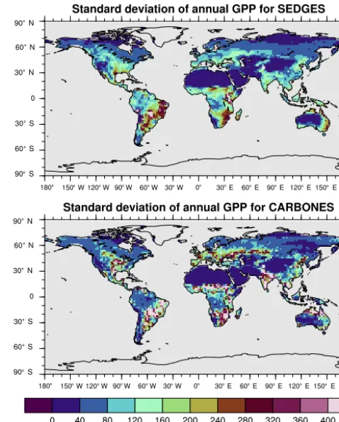 Figure 8. Pearson correlation coefﬁcients of the seasonal cycle (i.e.,of the multiyear monthly means) between SEDGES and the MTEreference dataset for the 1986–2005 period.