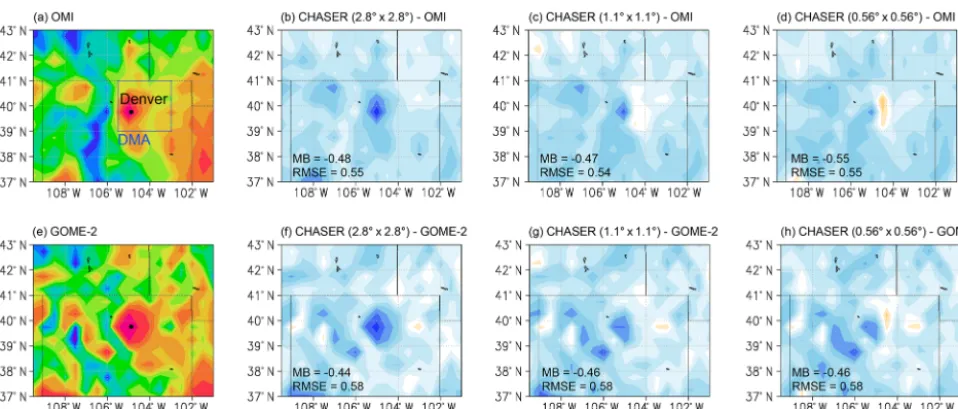 Figure 9. Regional distributions of tropospheric NO2 column (× 1015 molecules cm−2) from satellite retrievals (ﬁrst column; a, e) anddifferences between the model simulation at 2.8◦ (second column; b, f), 1.1◦ (third column; c, g), and 0.56◦ (fourth column