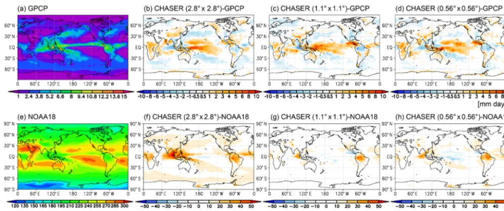Figure 2. Annual mean tropospheric NOsatellite retrievals from OMI (upper row;a 0.52 column (× 1015 molecules cm−2) from satellite retrievals (ﬁrst column; a, e) and differencesbetween the model simulation at 2.8◦ (second column; b, f), 1.1◦ (third column;