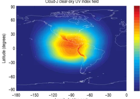 Figure 3. Cloud-J clear-sky UV Index ﬁeld produced using GEM6h forecast data with the OMI and GEISA spectral parameters de-tailed in Sect