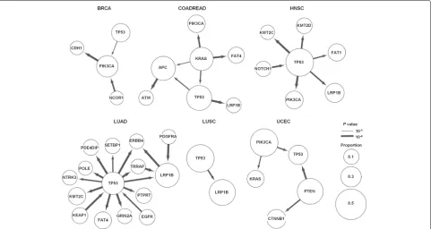 Fig. 2 Tumor type-specific networks representing the mutation order among cancer-related genes