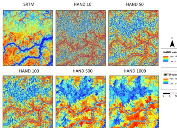 Figure 3. Comparisons among SRTM DEM and HAND DEM at ﬁve of the 18 drainage thresholds available