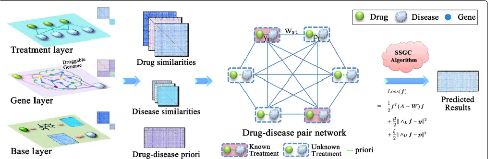 Fig. 1 The framework of this work. Firstly, multi-sources of data, such as drug substructures, disease phenotypes, protein-protein interactions (PPI),gene profiles and network profiles, are well organized into three layers