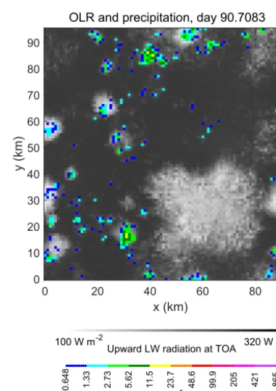 Figure 3. Hourly-average OLR (gray shading) and precipitation(color shading) in small-domain System for Atmospheric Model-ing (SAM) simulation at Ts = 300 K.