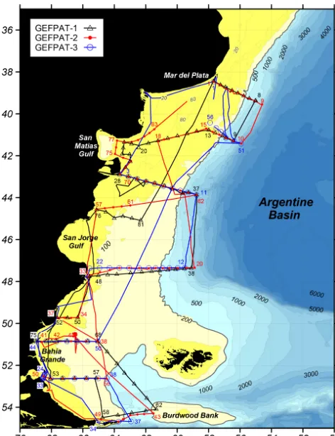 Figure 1. Location of hydrographic stations occupied during theGEF Patagonia cruises (symbols) and cruise tracks along whichsurface observations were collected (lines)