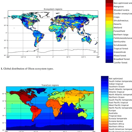 Figure 2. Earth’s partitioning into 11 land regions and 11 ocean regions according to the TransCom project