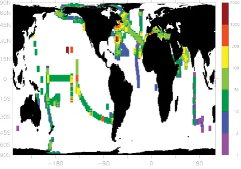 Figure 1. Horizontal distribution of the number of observations.Data points have been enlarged to 5◦ × 5◦.