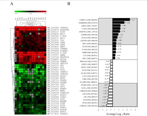 Figure 1 Microarray gene expression profile of subcutaneous adipose tissuesdenotes increased gene expression and increasing green intensity denotes decreased gene expression according to the scale bar at the top ofthe figure