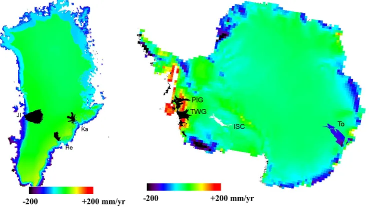 Figure 4. Location of four mountain glacier regions where a secular trend of 1 % of the total mass was imposed for the 11 yr of thehydrological model simulation.