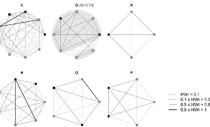 Figure 4. Sociogram of stable clusters. The thickness of the edges is related to the HWI value 