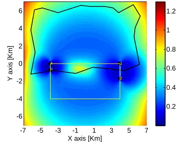 Figure 2. Crammer-Rao error for highlighted region with symmetric positioning of sensors in a way that maximum positioning error is minimized in the proposed region 