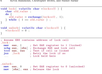 Fig. 5. Above, simple spin-lock implementation in pseudo-C using an atomicprelude/postlude)