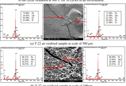 Fig 5.Surface scale morphology and EDAX analysis (wt. %) for T-91 steel sample subjected (b) T-91 air oxidised sample at scale of 100µm to the cyclic oxidation at 900°C for 50 cycles in air environment