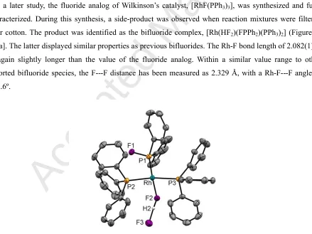 Figure 2. ORTEP representation of the solid-state structure of [Rh(HF2)(FPPh2)(PPh3)2] [65a]