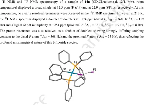 Figure 4. Solid-state structure of Accepted Manuscripttrans-[Pd(HF2)(Ph)(PPh3)2] (14a) (Only one of the molecules of the unit cell is shown) [76]