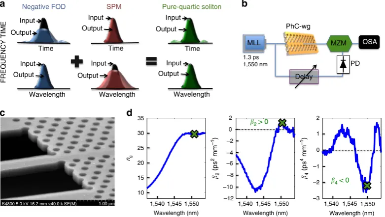 Figure 1 | Concept of pure-quartic solitons and their experimental demonstration. ((a) Schematics of pure-quartic solitons: (Left) Fourth-order dispersion(FOD) gives rise to temporal pulse broadening (blue output pulse versus black input pulse in time) without affecting the spectrum; (Centre) self-phasemodulation (SPM) generates spectral broadening (red output pulse versus black input pulse in frequency) without affecting the temporal pulse shape;(Right) the interplay of FOD and SPM can give rise to pure-quartic solitons which remain nearly unperturbed (green output pulses versus black input pulsesin both frequency and time); (b) Frequency-resolved electrical gating set-up: mode locked laser (MLL), photonic crystal waveguide (PhC-wg), tunabledelay, ultrafast photodiode (PD), Mach–Zehnder modulator (MZM), and optical spectrum analyser (OSA); (c) Scanning electron microscope image of thesample; (d) Measured dispersion of the silicon photonic crystal waveguide used in our experiments: group index (ng), second-order dispersion parameterb2) and fourth-order dispersion parameter (b4).