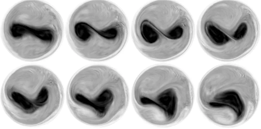 Figure 9. Orthographic projection of the potential vorticity for the case ω0 = −0.02 and A0 = 0.1H, obtained with the equilibrium height ﬁeld givenby (3); times t = 1700 days to t = 1706 days in two-day intervals (left to right, top), and t = 1707 days to t = 1714 days in daily intervals (left toright, middle to bottom).