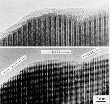 Figure 3. HRTEM surface profile images of YBa2Cu3O7 viewed down the [110]direction. Top: the initial image showing a thin layer of disordered coating.Bottom: an image of the same area after electron beam irradiation for 3hours