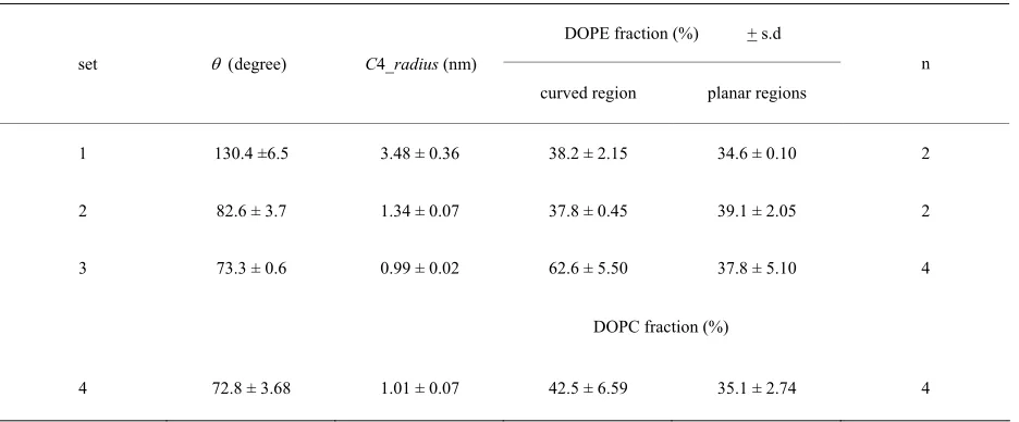 Table 1. Outer leaflet curvature and DOPE (DOPC) distribution in the curved and planar regions