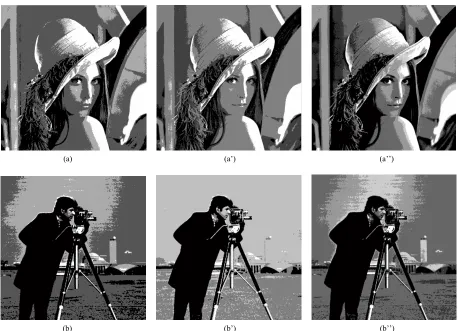 Figure 3. Thresholded images obtainedd ((a), (b) represen-level thresholding, (a’), (b’) represents 4-level thresholdin by Otsu-PSO methots 3g, (a’’), (b’’) represents 5-level thresholding)  