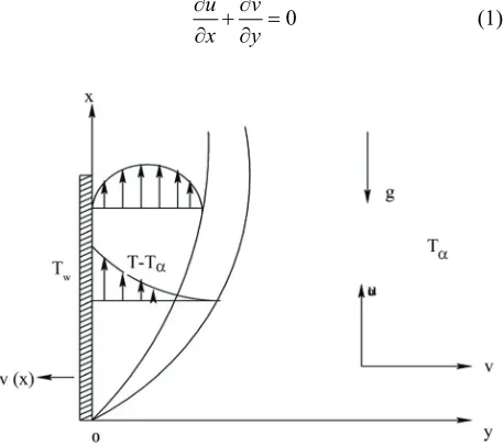 Figure 1. Physical model of boundary layer flow over a vertical stretching surface. 