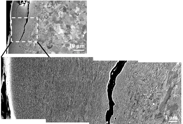 Figure 3. The wear morphology of wheel samples with different cycles (a) original sample (b) 200 cycles (c) 800 cycles (d) 4000 cycles (e) 12,000 cycles