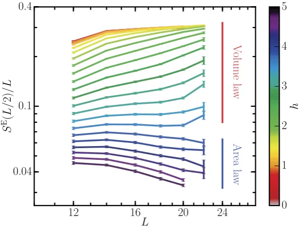Fig. 2. Exact diagonalization results for the disorder-average entanglement entropy computed at half-chains L/2 for the random ﬁeld Heisenberg chain      Figure  3 .6: A study of the disorder-averaged half-chain entanglement en- tropy for (  3.42 ) at a ﬁxed energy density in the middle of the   =   =         