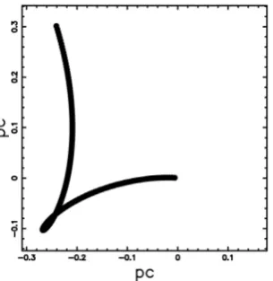 Figure 7. Continuous trajectory of the superjet connected with HH34: the three Eulerian time is 29,000 yr and the other parameters are as in angles characterising the point of view are Φ =0 , Θ =0  and Ψ =0 
