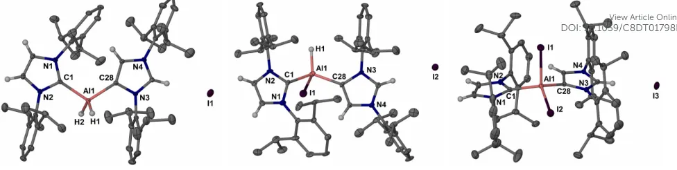 Figure 4. Molecular structures (25% thermal ellipsoid) of [(IDip)AlH2(aIDip)]I 9, (left) 