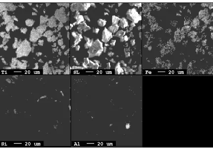Figure 6c. Electron Micrograph of Heat treated slag after leaching and distribution of Fe, Ti, Si and Al in selected area (SL) 