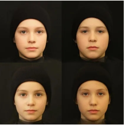 Figure 4.5. Averaged children images. High (left) and low (right) perceived intelligence female (bottom row) and male (top row) facial averages made symmetrical from Study 2
