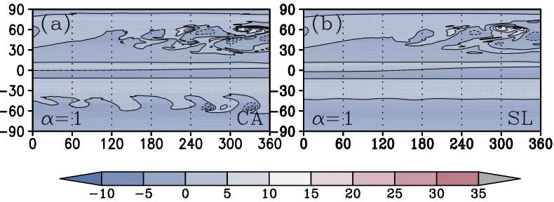 FIG. 8. The relative vorticity ﬁeld at day 15 with ng 5 256 and a 5 1 for (a) the CA and (b) the SL algorithms.
