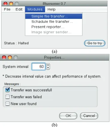 Figure 7. (a) Bluetooth server program; (b) Its setting win-dow. 