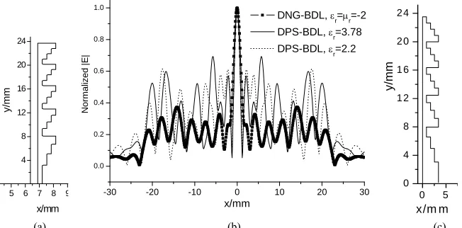 Figure 7. Focal plane fields of the DNG-BDL(μplane field; (c) DPS-BDL.r = εr = –1) and DPS-BDL(εr = 2.2) with FN = 0.21