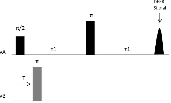 Figure 1.5: Schematic representation of the 3-pulse DEER sequence. Observer and pump pulses shown at frequencies A and B (νA, νB)