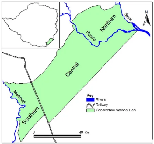 Figure 1. Location of the two study strata of north and south of Runde River in Gona-rezhou National Park, southern Zimbabwe (Source, [15])