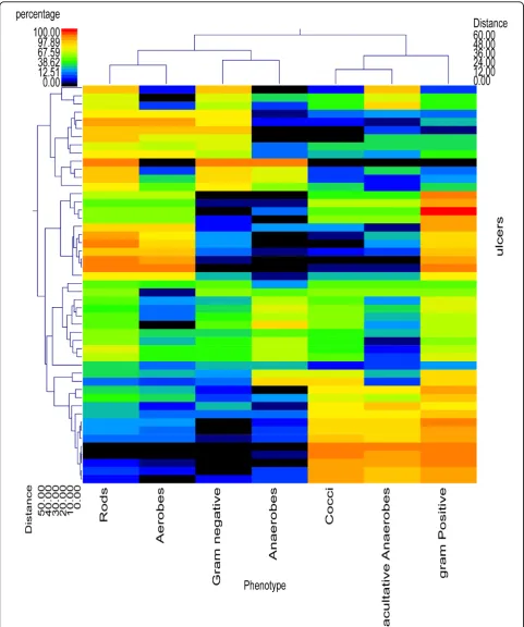 Figure 3 Double dendogram of phenotypes in decubitus ulcers. The heat map shows relative percentages of the given phenotypes in eachof the 49 samples with a color legend and scale provided
